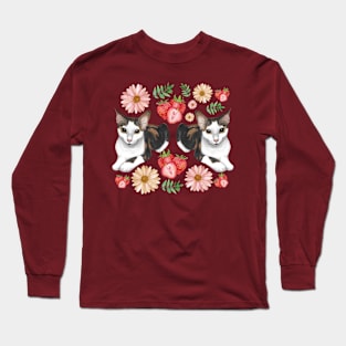 Calico Cat with Strawberries Daisies and Leaves Long Sleeve T-Shirt